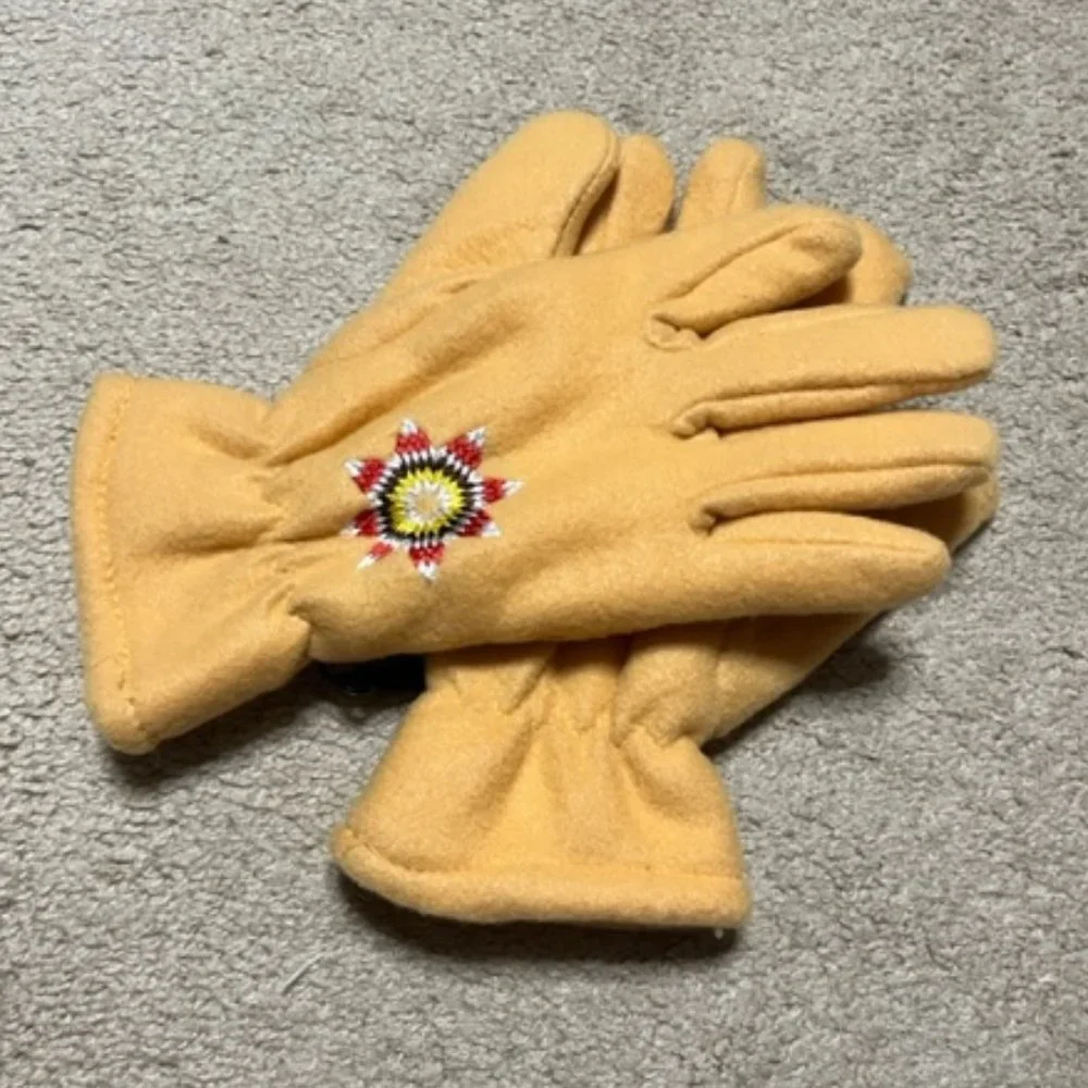 Star Motif Winter Mustard Yellow Fleece Gloves Men/Women